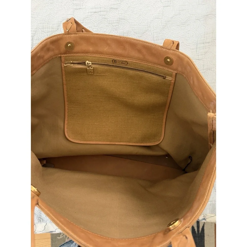 Anne Klein Tote Bag Leather Woven Green Canvas Large Summer Vintage 90s Y2K